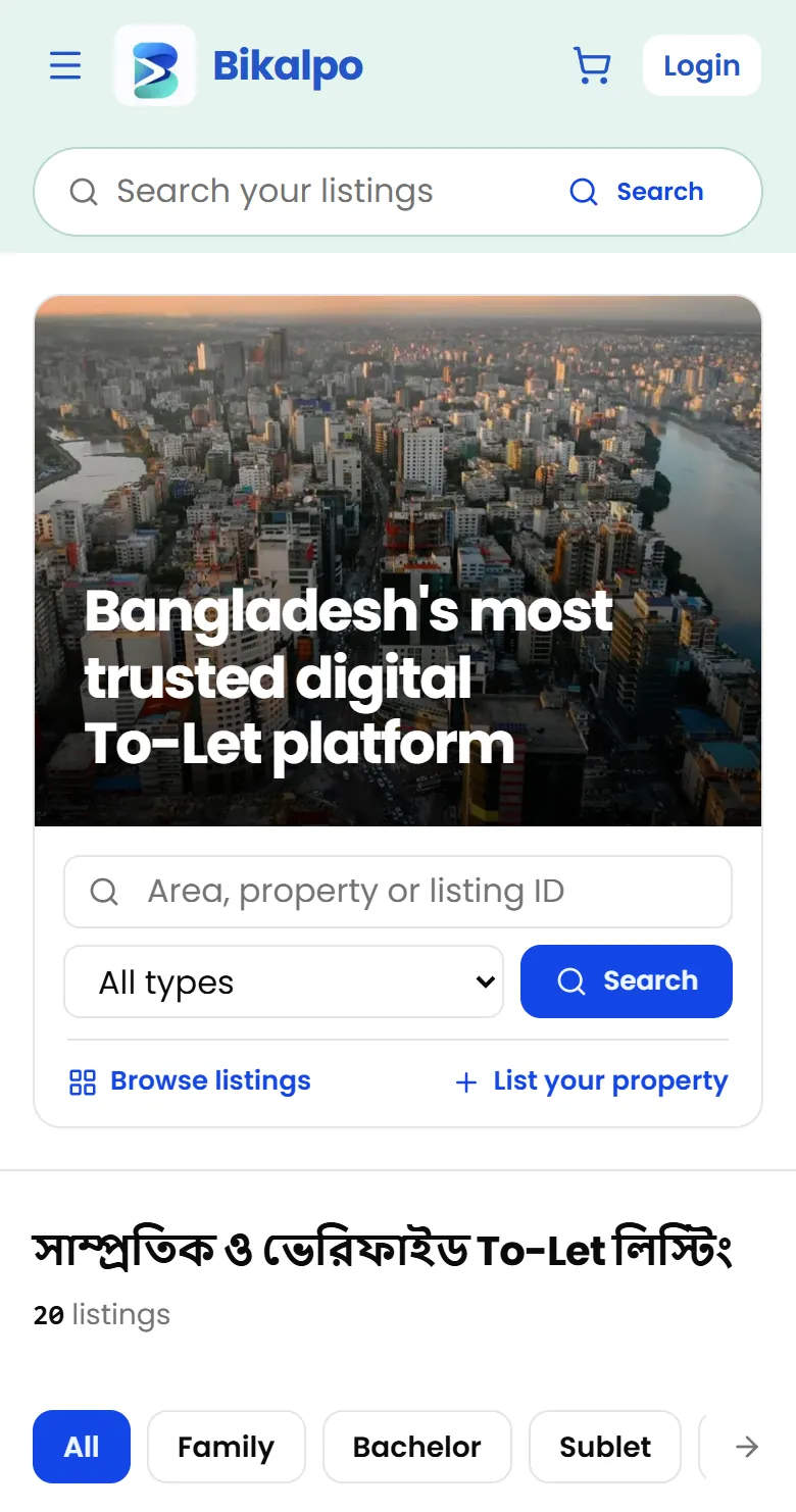 Bikalpo To-Let landing page on a phone