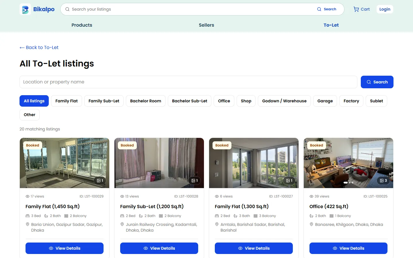 All To-Let listings page with a search box, rental type filters and listing cards with photos