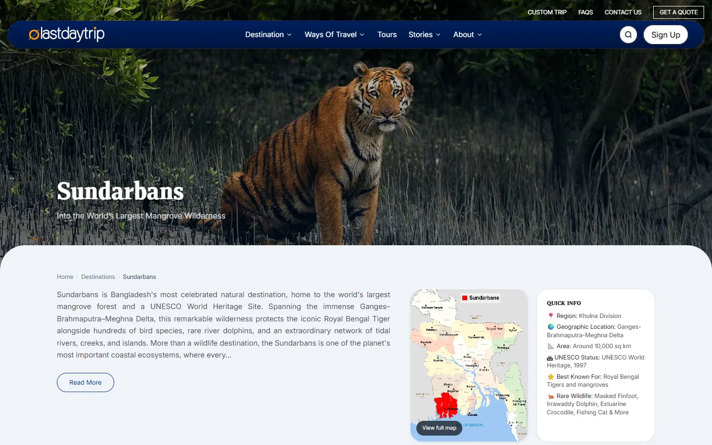 Sundarbans destination page with a tiger photo, a map of Bangladesh and quick facts