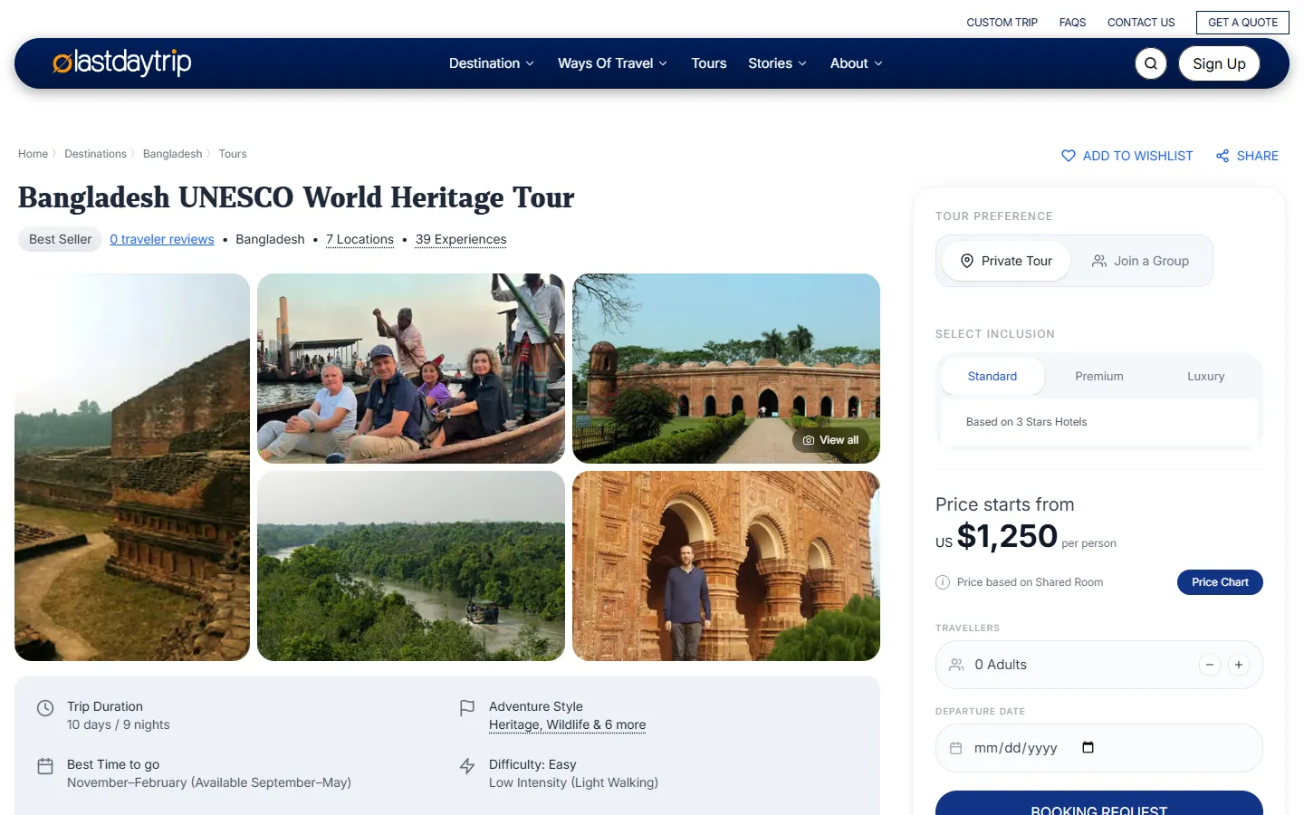 Tour detail page with a photo grid, trip facts and a booking panel showing the price per person